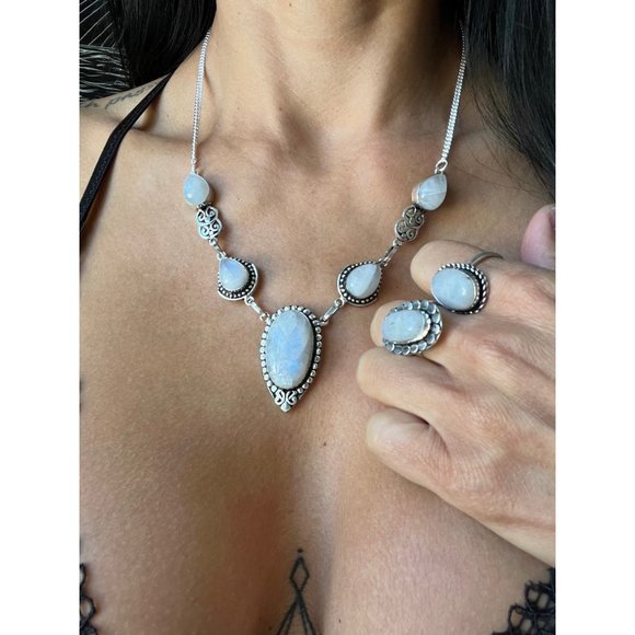 925 Rainbow Flash Moonstone Necklace + Ring Set - Picture 6 of 9